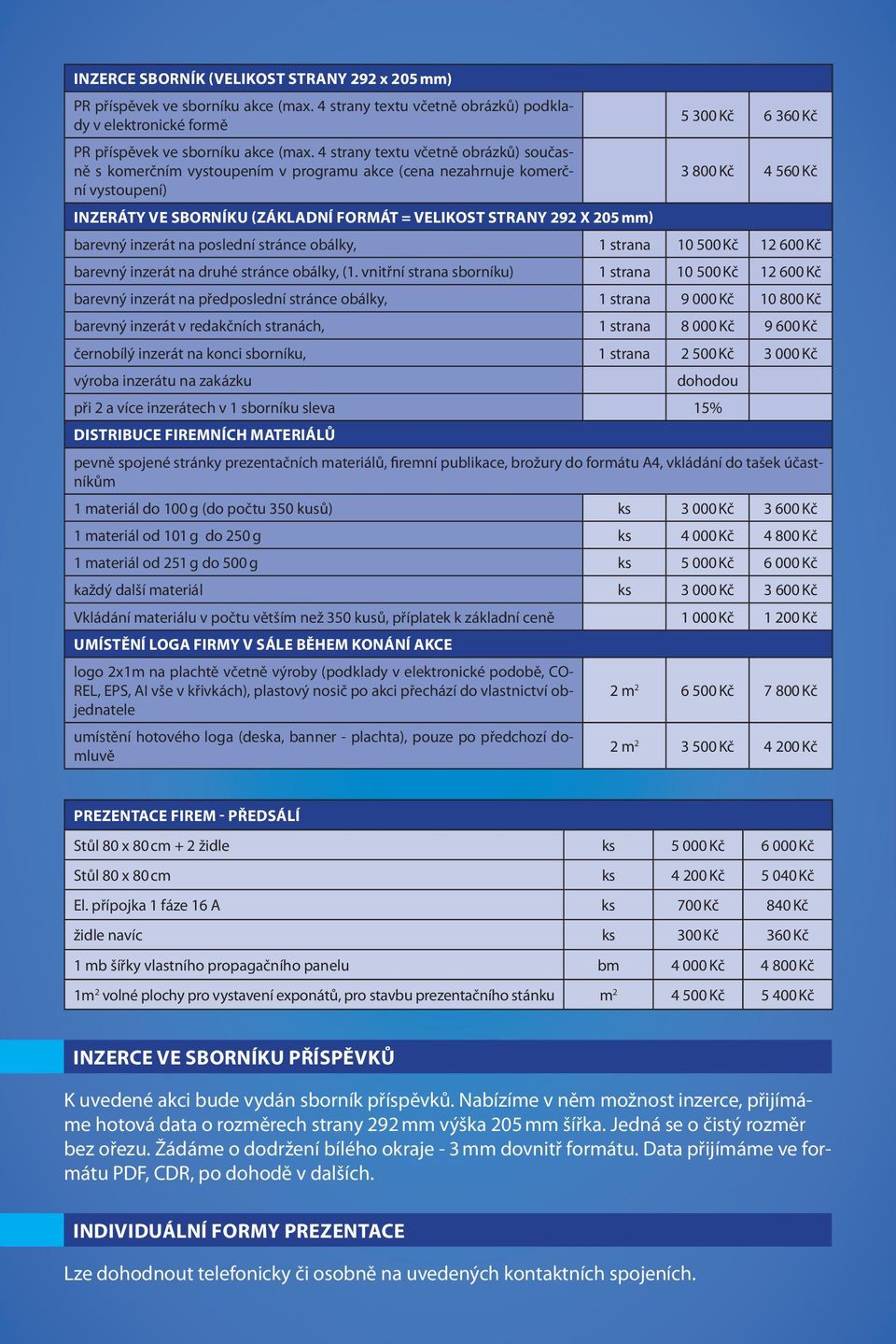 360 Kč 3 800 Kč 4 560 Kč barevný inzerát na poslední stránce obálky, 1 strana 10 500 Kč 12 600 Kč barevný inzerát na druhé stránce obálky, (1.