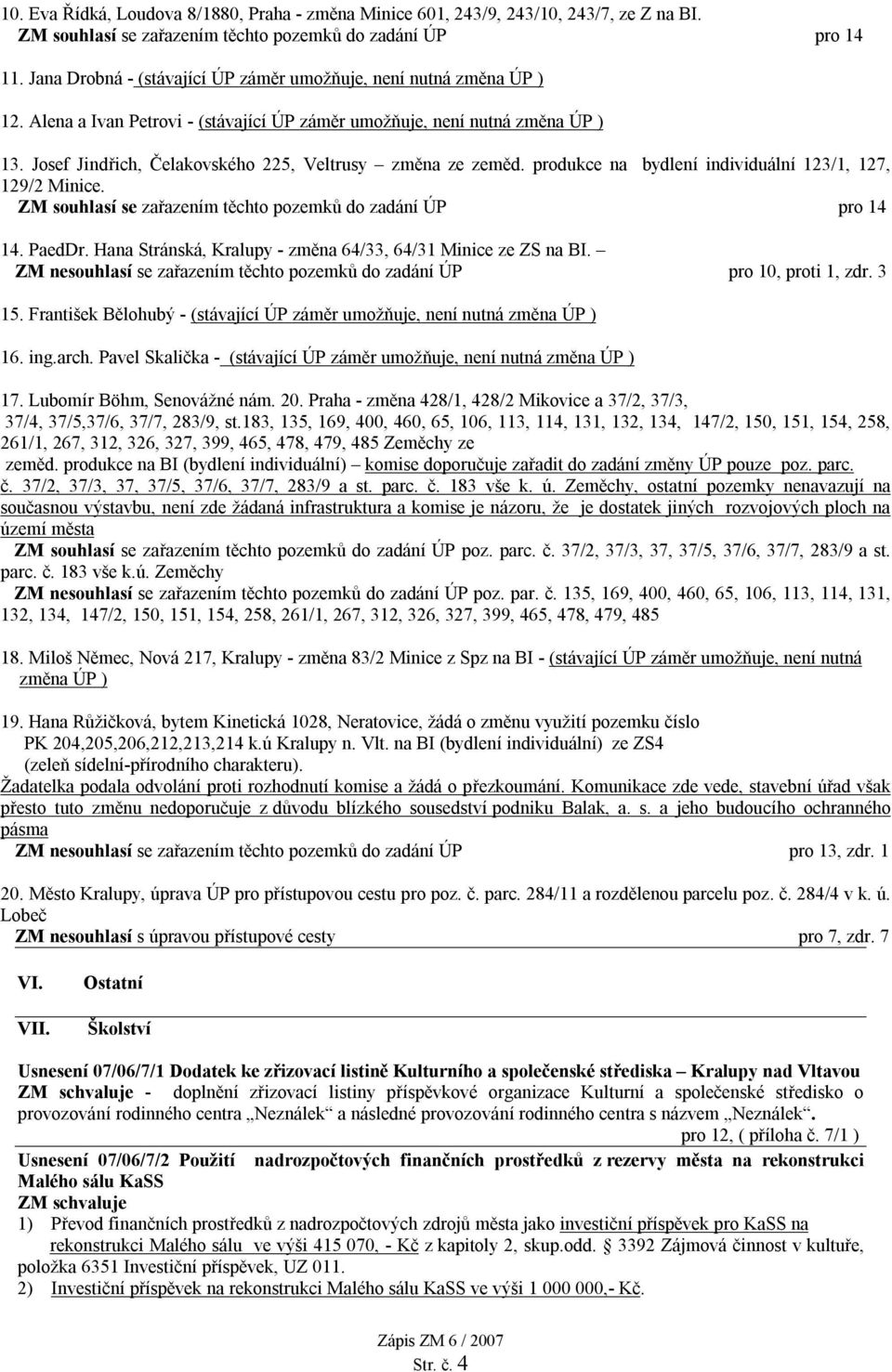 Josef Jindřich, Čelakovského 225, Veltrusy změna ze zeměd. produkce na bydlení individuální 123/1, 127, 129/2 Minice. ZM souhlasí se zařazením těchto pozemků do zadání ÚP pro 14 14. PaedDr.