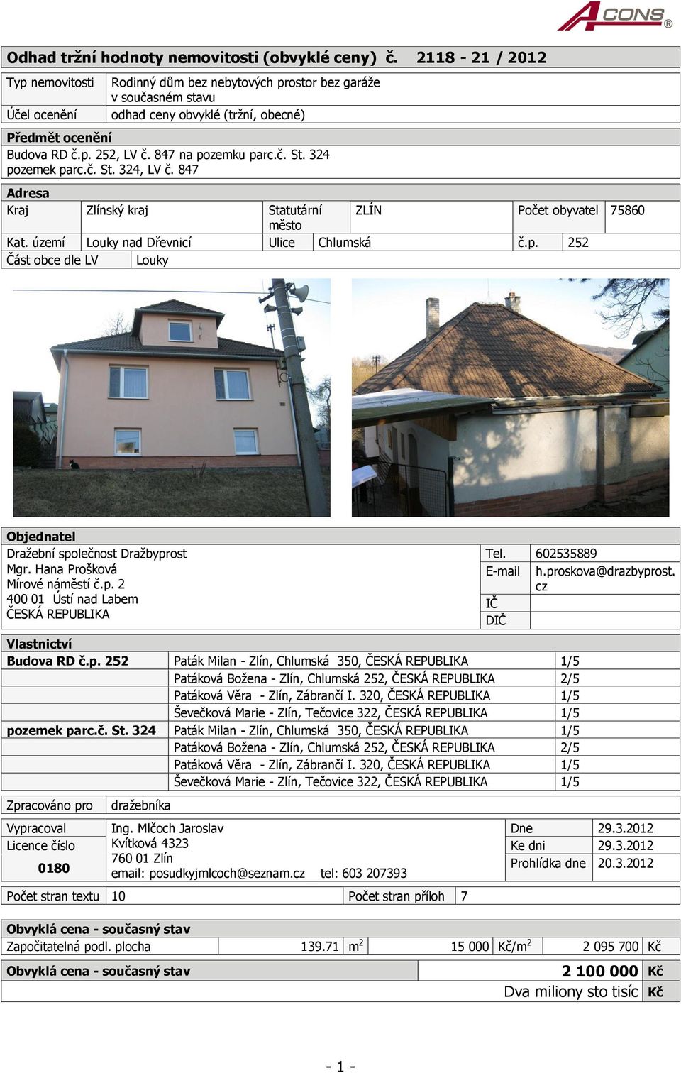 847 na pozemku parc.č. St. 324 pozemek parc.č. St. 324, LV č. 847 Adresa Kraj Zlínský kraj Statutární ZLÍN Počet obyvatel 75860 město Kat. území Louky nad Dřevnicí Ulice Chlumská č.p. 252 Část obce dle LV Louky Objednatel Dražební společnost Dražbyprost Mgr.