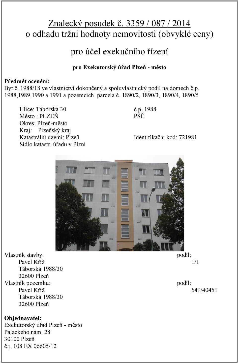 1890/2, 1890/3, 1890/4, 1890/5 Ulice: Táborská 30 Město : PLZEŇ Okres: Plzeň-město Kraj: Plzeňský kraj Katastrální území: Plzeň Sídlo katastr.