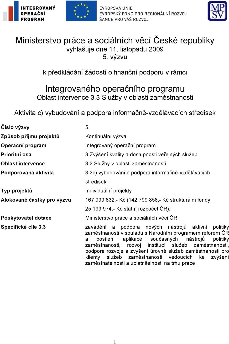 program Prioritní osa 3 Zvýšení kvality a dostupnosti veřejných služeb Oblast intervence 3.3 Služby v oblasti zaměstnanosti Podporovaná aktivita 3.