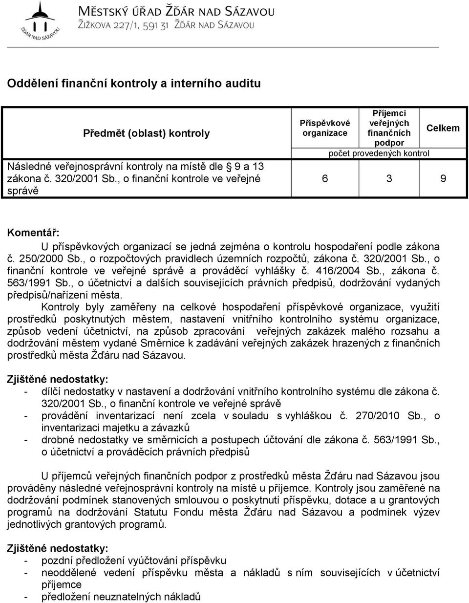 250/2000 Sb., o rozpočtových pravidlech územních rozpočtů, zákona č. 320/2001 Sb., o finanční kontrole ve veřejné správě a prováděcí vyhlášky č. 416/2004 Sb., zákona č. 563/1991 Sb.