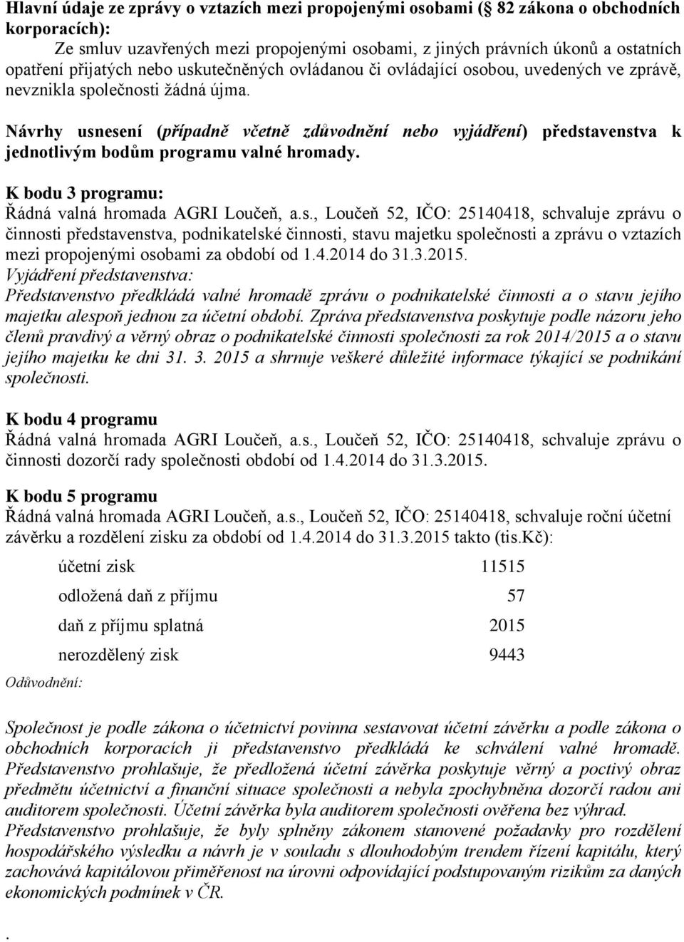 Návrhy usnesení (případně včetně zdůvodnění nebo vyjádření) představenstva k jednotlivým bodům programu valné hromady. K bodu 3 programu: Řádná valná hromada AGRI Loučeň, a.s., Loučeň 52, IČO: 25140418, schvaluje zprávu o činnosti představenstva, podnikatelské činnosti, stavu majetku společnosti a zprávu o vztazích mezi propojenými osobami za období od 1.