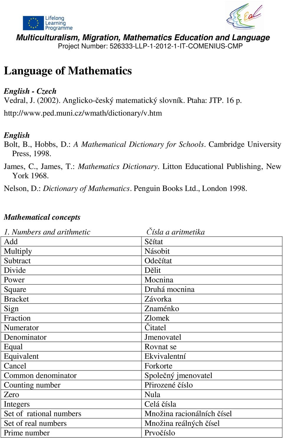 : Dictionary of Mathematics. Penguin Books Ltd., London 1998. Mathematical concepts 1.