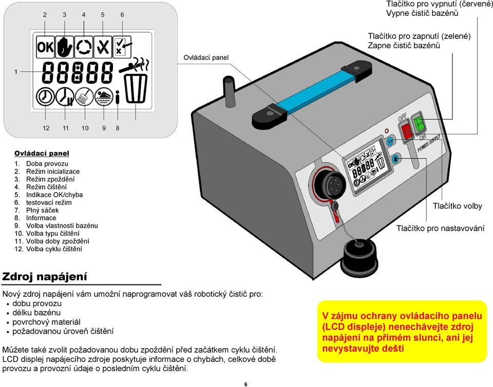 Volba cyklu čištění Tlačítko volby Tlačítko pro nastavování Zdroj napájení Nový zdroj napájení vám umožní naprogramovat váš robotický čistič pro: dobu provozu délku bazénu povrchový materiál
