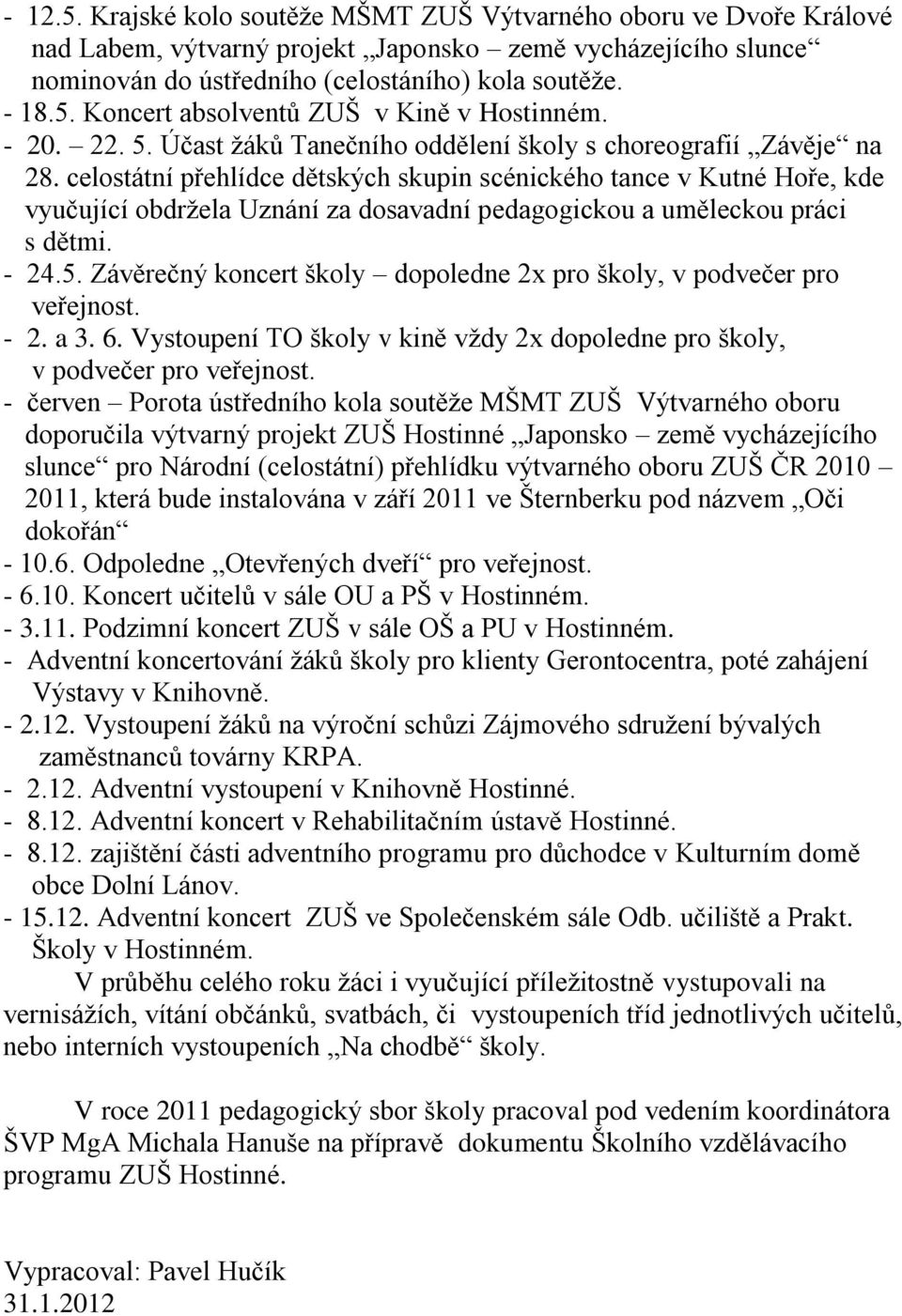 celostátní přehlídce dětských skupin scénického tance v Kutné Hoře, kde vyučující obdrţela Uznání za dosavadní pedagogickou a uměleckou práci s dětmi. - 24.5.