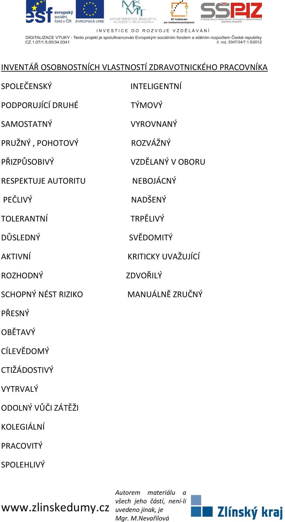 INTELIGENTNÍ TÝMOVÝ VYROVNANÝ ROZVÁŽNÝ VZDĚLANÝ V OBORU NEBOJÁCNÝ NADŠENÝ TRPĚLIVÝ SVĚDOMITÝ KRITICKY UVAŽUJÍCÍ