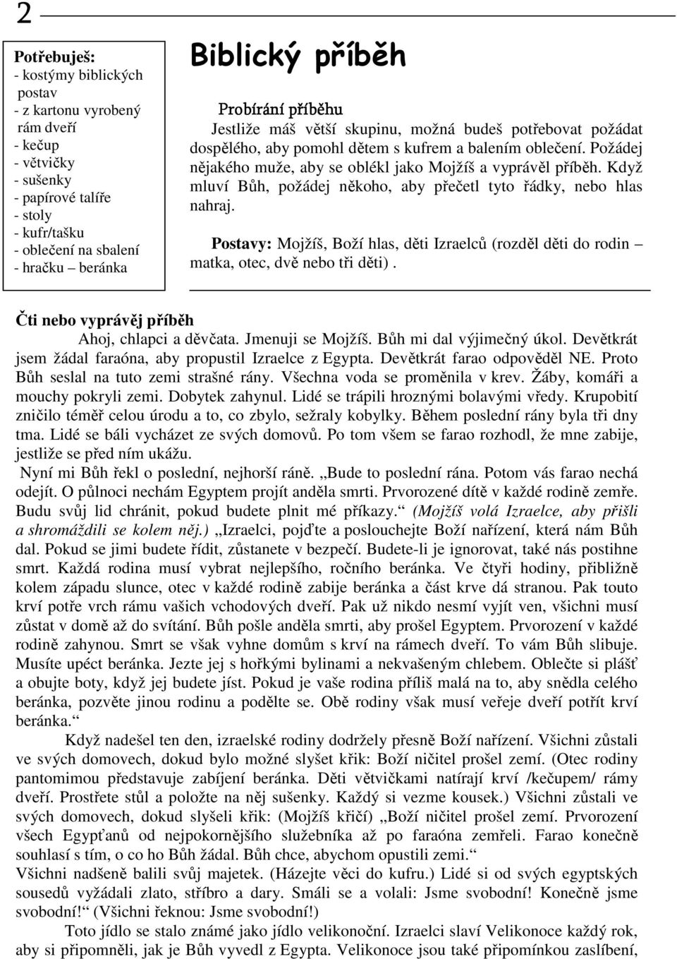 Když mluví Bůh, požádej někoho, aby přečetl tyto řádky, nebo hlas nahraj. Postavy: Mojžíš, Boží hlas, děti Izraelců (rozděl děti do rodin matka, otec, dvě nebo tři děti).