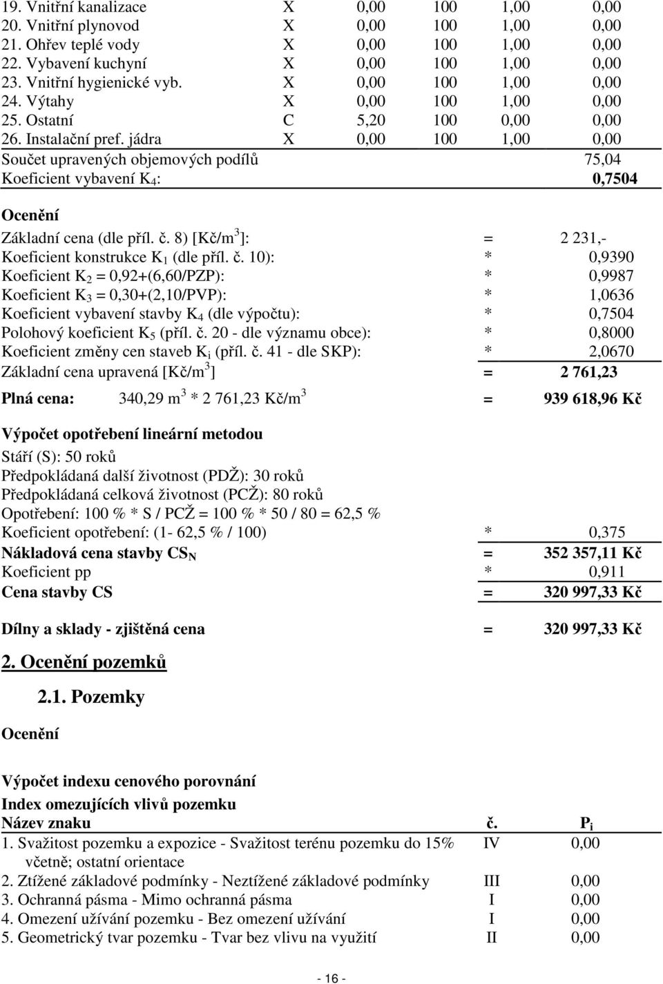 jádra X 0,00 100 1,00 0,00 Součet upravených objemových podílů 75,04 Koeficient vybavení K 4 : 0,7504 Ocenění Základní cena (dle příl. č. 8) [Kč/m 3 ]: = 2 231,- Koeficient konstrukce K 1 (dle příl.