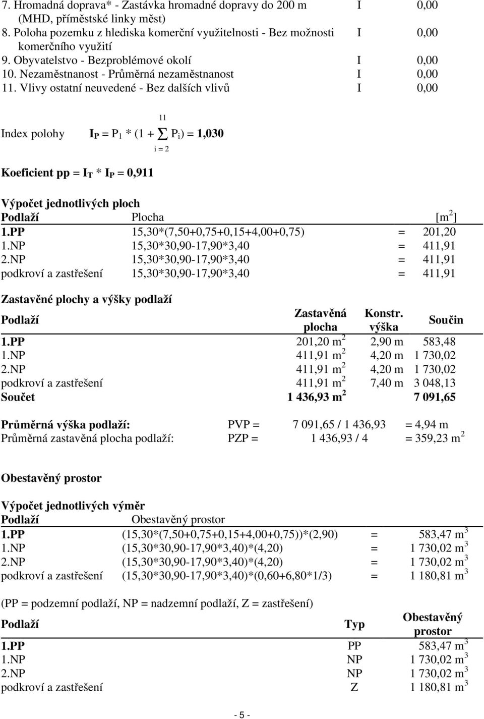 Vlivy ostatní neuvedené - Bez dalších vlivů I 0,00 Index polohy I P = P 1 * (1 + Σ P i) = 1,030 Koeficient pp = I T * I P = 0,911 11 i = 2 Výpočet jednotlivých ploch Podlaží Plocha [m 2 ] 1.