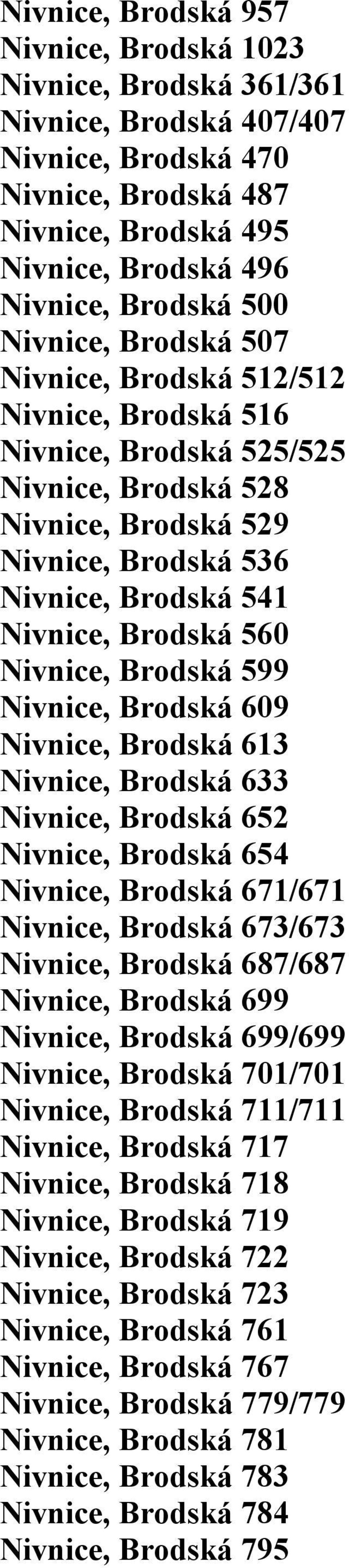 Nivnice, Brodská 599 Nivnice, Brodská 609 Nivnice, Brodská 613 Nivnice, Brodská 633 Nivnice, Brodská 652 Nivnice, Brodská 654 Nivnice, Brodská 671/671 Nivnice, Brodská 673/673 Nivnice, Brodská