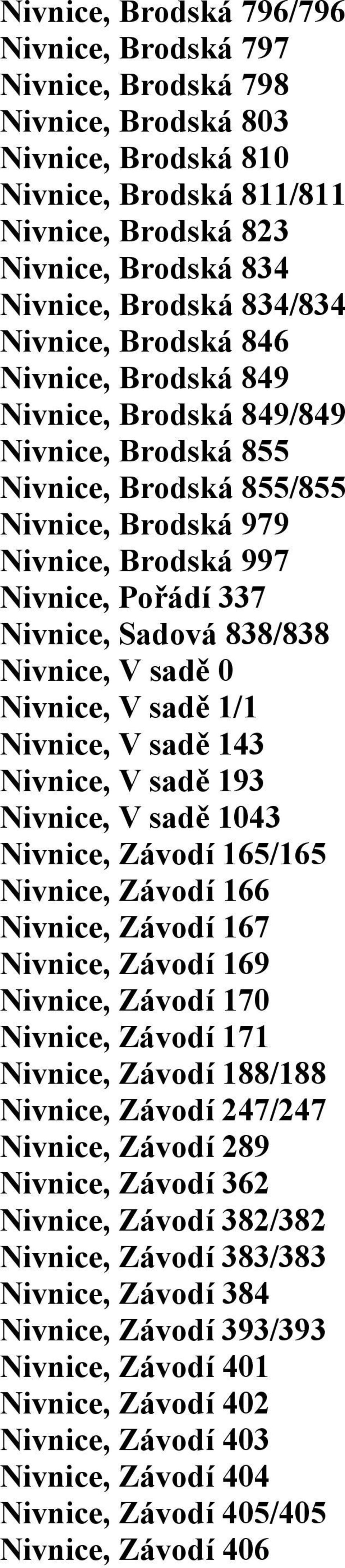 838/838 Nivnice, V sadě 0 Nivnice, V sadě 1/1 Nivnice, V sadě 143 Nivnice, V sadě 193 Nivnice, V sadě 1043 Nivnice, Závodí 165/165 Nivnice, Závodí 166 Nivnice, Závodí 167 Nivnice, Závodí 169 Nivnice,