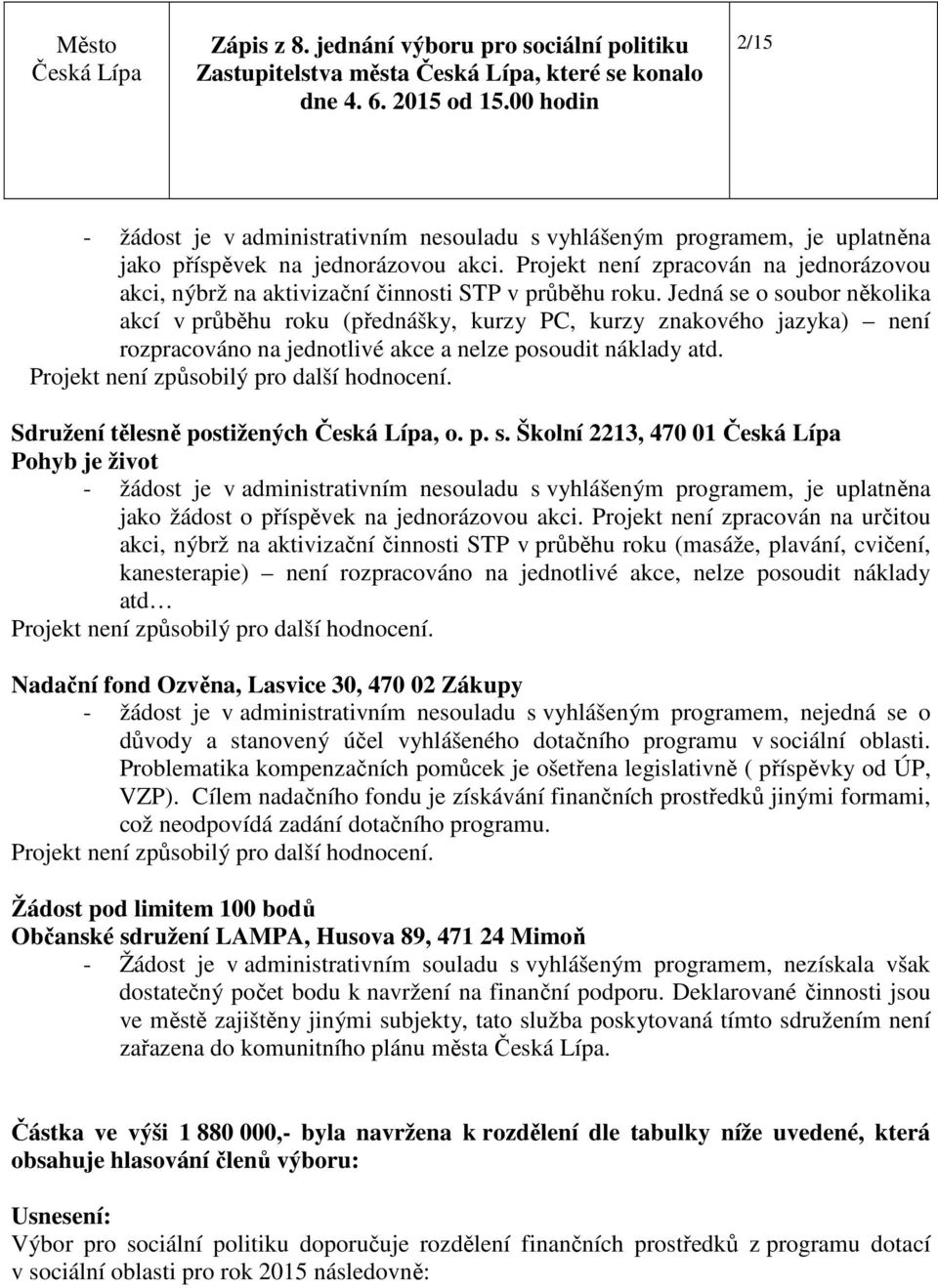 Jedná se o soubor několika akcí v průběhu roku (přednášky, kurzy PC, kurzy znakového jazyka) není rozpracováno na jednotlivé akce a nelze posoudit náklady atd.