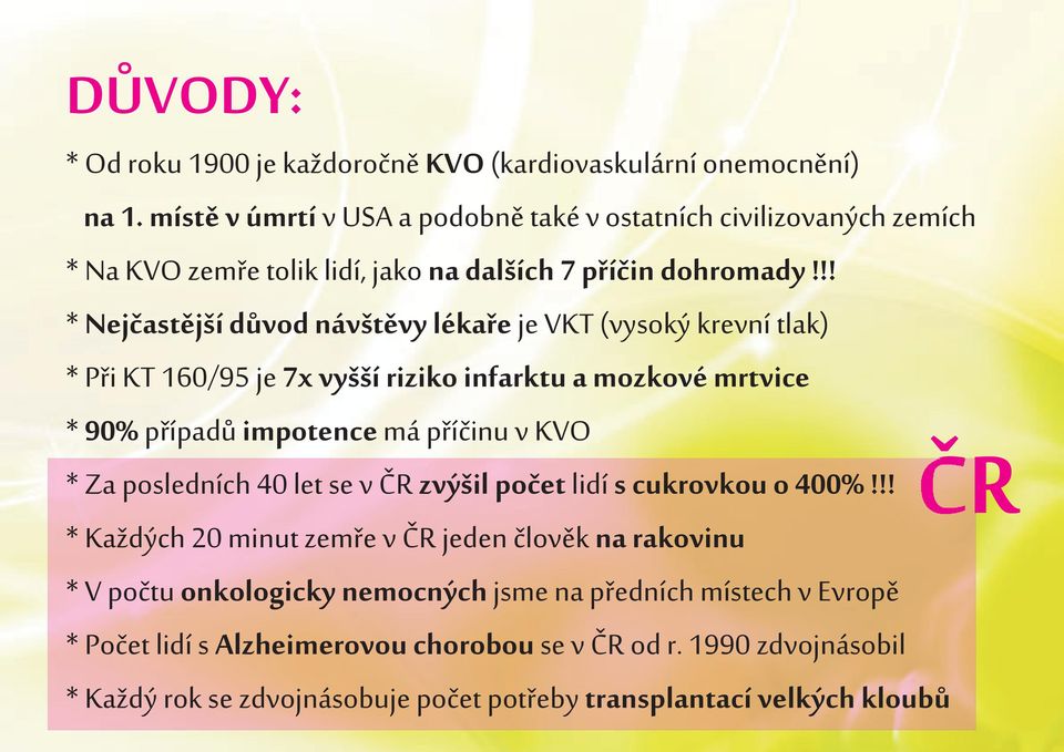 !! * Nejèastìjší dùvod návštìvy lékaøe je VKT (vysoký krevní tlak) * Pøi KT 160/95 je 7x vyšší riziko infarktu a mozkové mrtvice * 90% pøípadù impotence má pøíèinu v KVO * Za