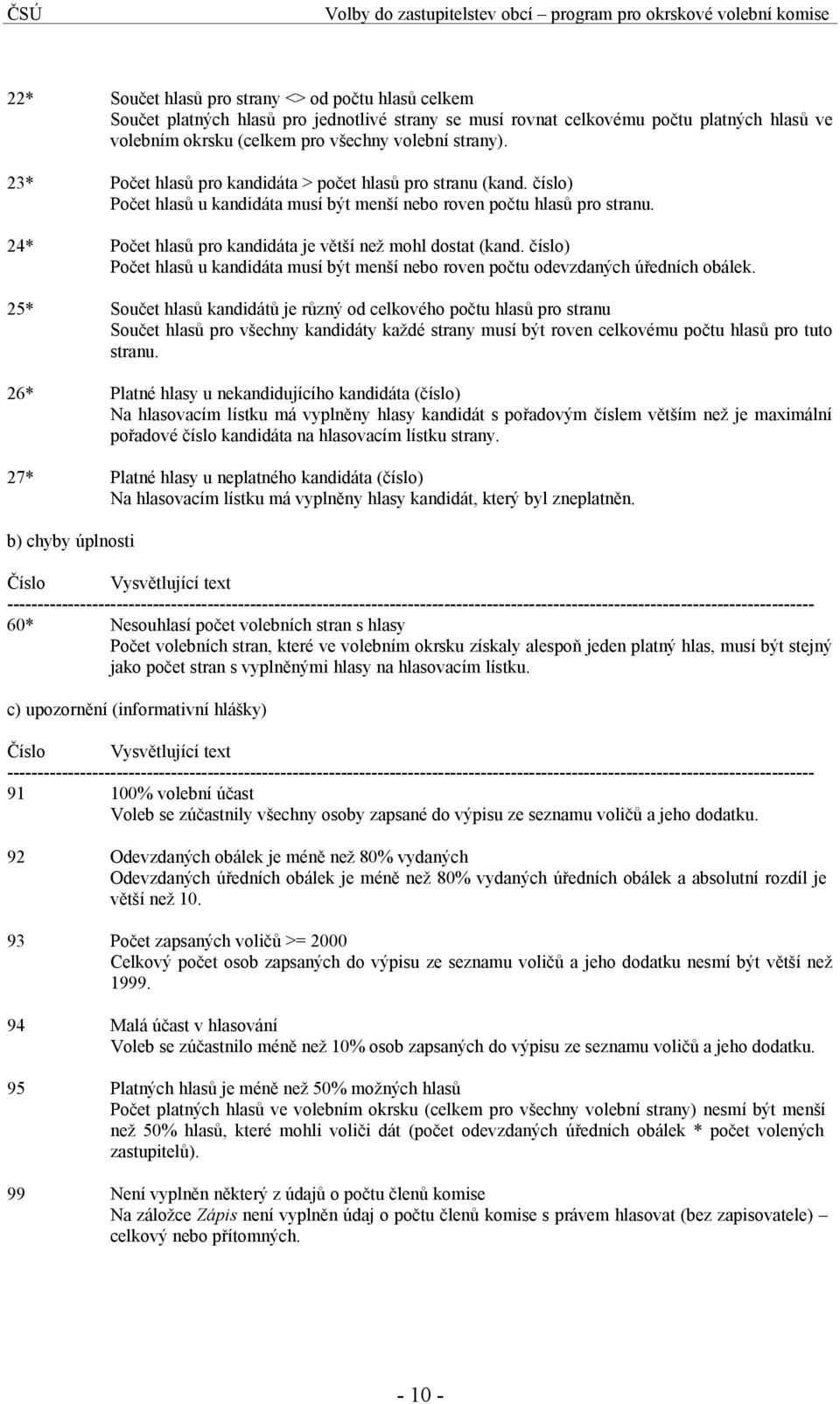 24* Počet hlasů pro kandidáta je větší než mohl dostat (kand. číslo) Počet hlasů u kandidáta musí být menší nebo roven počtu odevzdaných úředních obálek.