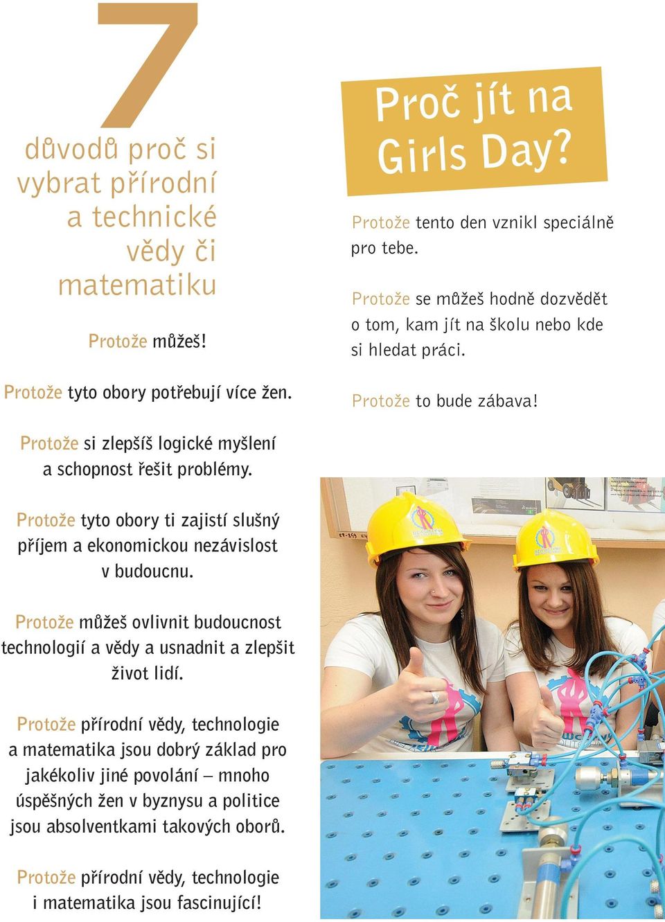 Protože tyto obory ti zajistí slušný příjem a ekonomickou nezávislost v budoucnu. Protože můžeš ovlivnit budoucnost technologií a vědy a usnadnit a zlepšit život lidí.