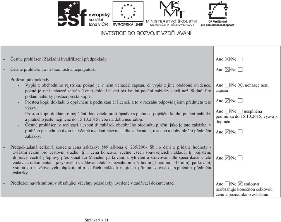 - Prostou kopii dokladu o oprávnní k podnikání i licenci, a to v rozsahu odpovídajícím pedmtu této výzvy.