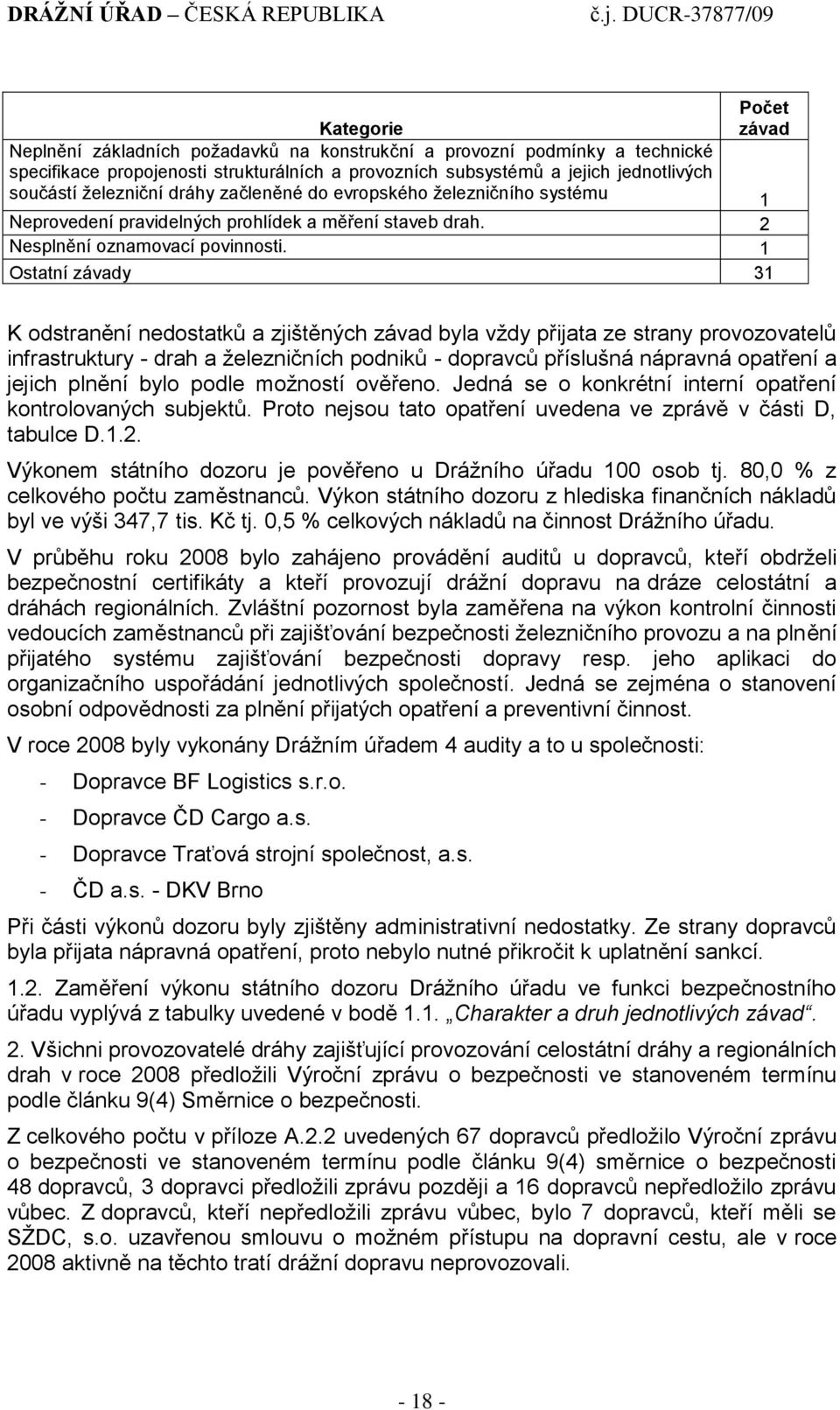 1 Ostatní závady 31 K odstranění nedostatků a zjištěných závad byla vţdy přijata ze strany provozovatelů infrastruktury - drah a ţelezničních podniků - dopravců příslušná nápravná opatření a jejich