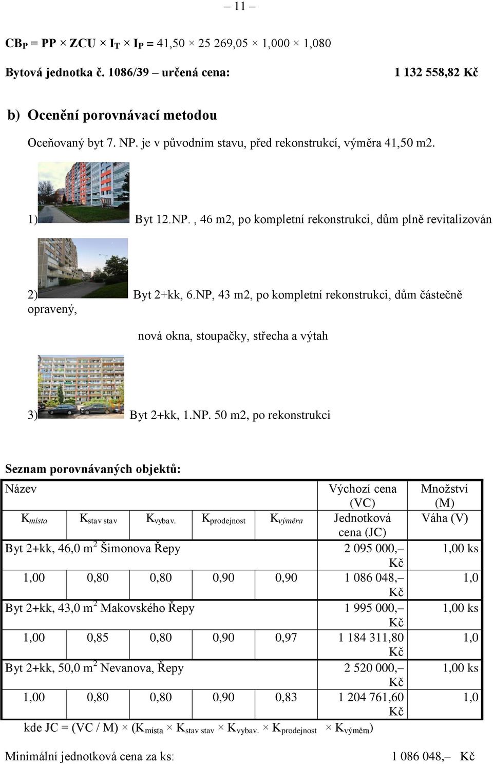 NP, 43 m2, po kompletní rekonstrukci, dům částečně opravený, nová okna, stoupačky, střecha a výtah 3) Byt 2+kk, 1.NP. 50 m2, po rekonstrukci Seznam porovnávaných objektů: Název Výchozí cena (VC) K místa K stav stav K vybav.