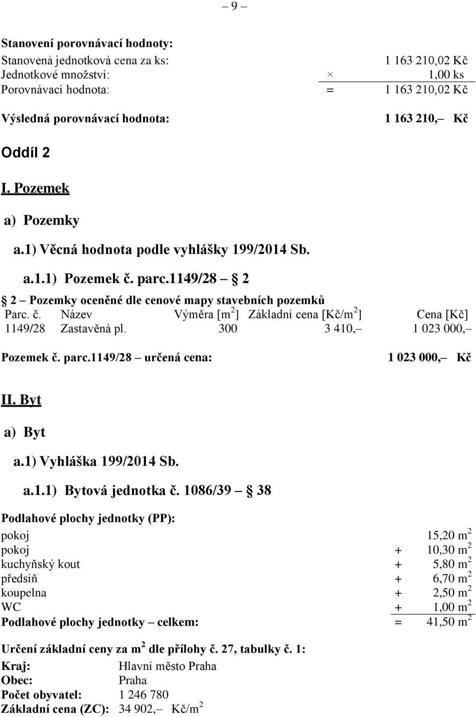 300 3 410, 1 023 000, Pozemek č. parc.1149/28 určená cena: 1 023 000, II. Byt a) Byt a.1) Vyhláška 199/2014 Sb. a.1.1) Bytová jednotka č.