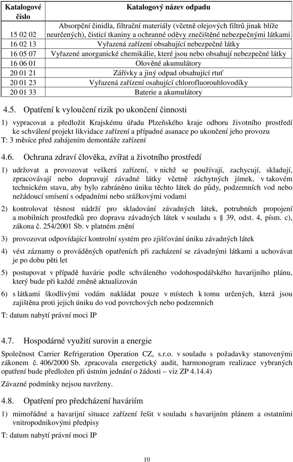 odpad obsahující rtuť 20 01 23 Vyřazená zařízení osahující chlorofluorouhlovodíky 20 01 33 Baterie a akumulátory 4.5.