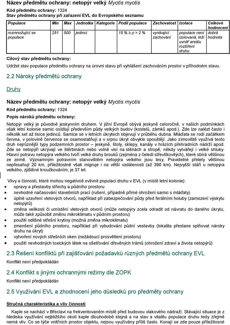 předmětu ochrany: Udržet stav populace předmětu ochrany na úrovni stavu při vyhlášení zachováním prostor v příhodném stavu. 2.