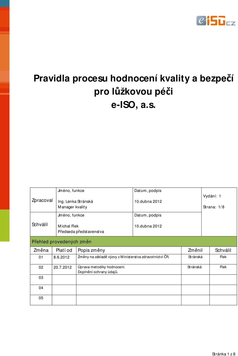 dubna 2012 Vydání: 1 Strana: 1/8 Jméno, funkce Datum, podpis Schválil Michal Flek edseda p edstavenstva 10.