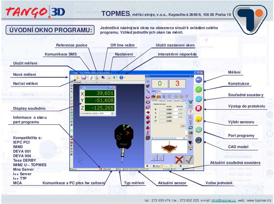 Display souadnic Výstup do protokolu Informace o stav u part programu Výbr senzoru Kompatibilita s: IEPC PCI IMM3 DEVA 001 DEVA 004 Tesa DERBY IMM2 U TOPMES Mns Server I++