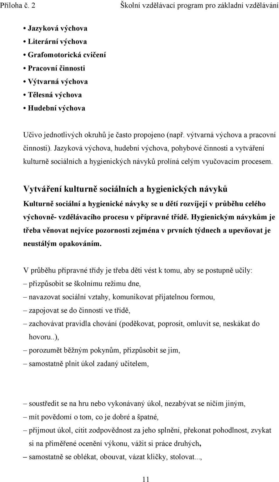 Vytváření kulturně sociálních a hygienických návyků Kulturně sociální a hygienické návyky se u dětí rozvíjejí v průběhu celého výchovně- vzdělávacího procesu v přípravné třídě.