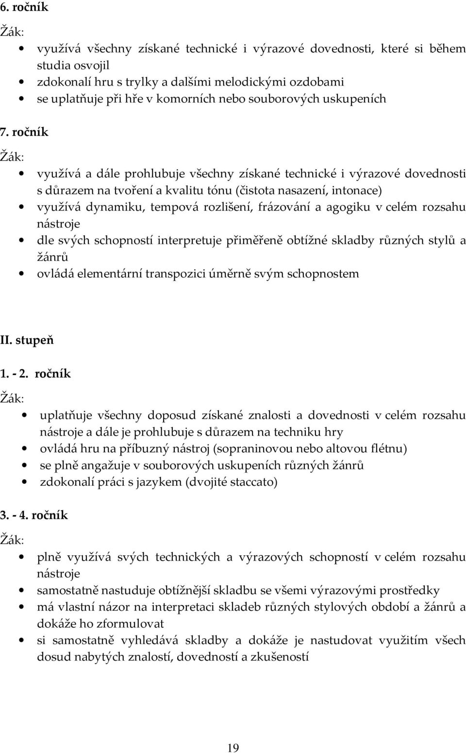 ročník využívá a dále prohlubuje všechny získané technické i výrazové dovednosti s důrazem na tvoření a kvalitu tónu (čistota nasazení, intonace) využívá dynamiku, tempová rozlišení, frázování a