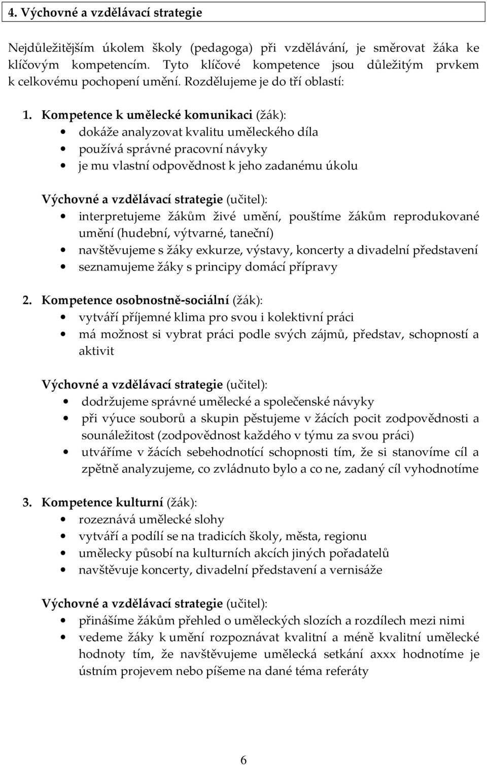 Kompetence k umělecké komunikaci (žák): dokáže analyzovat kvalitu uměleckého díla používá správné pracovní návyky je mu vlastní odpovědnost k jeho zadanému úkolu Výchovné a vzdělávací strategie