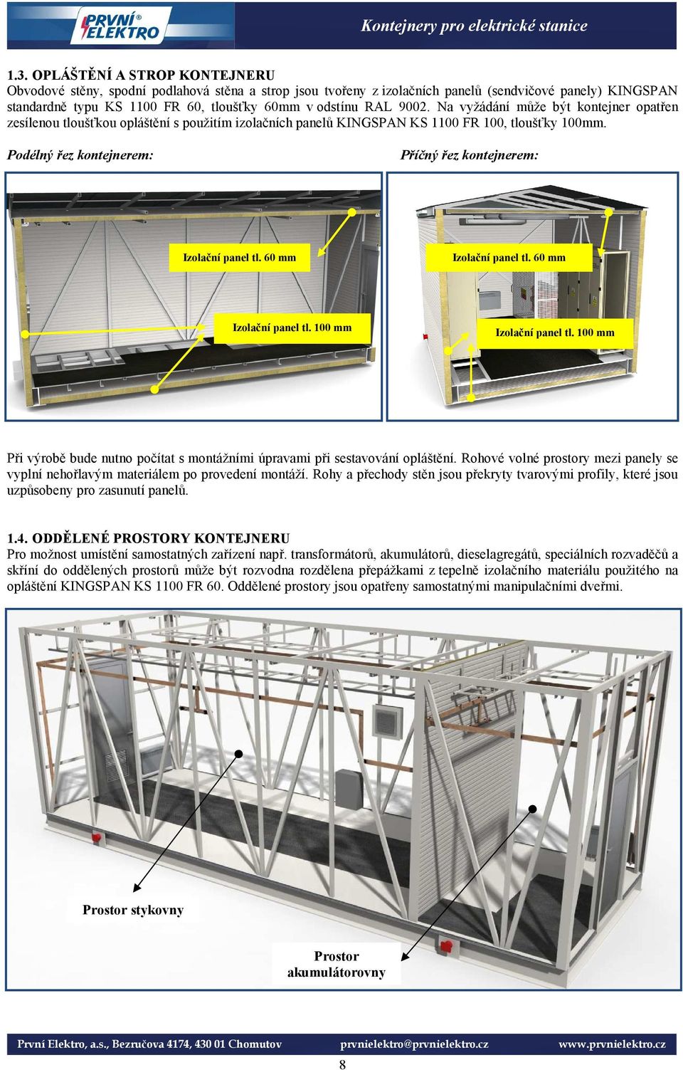 Podélný řez kontejnerem: Příčný řez kontejnerem: Izolační panel tl. 60 mm Izolační panel tl. 60 mm Izolační panel tl. 100 mm Izolační panel tl.