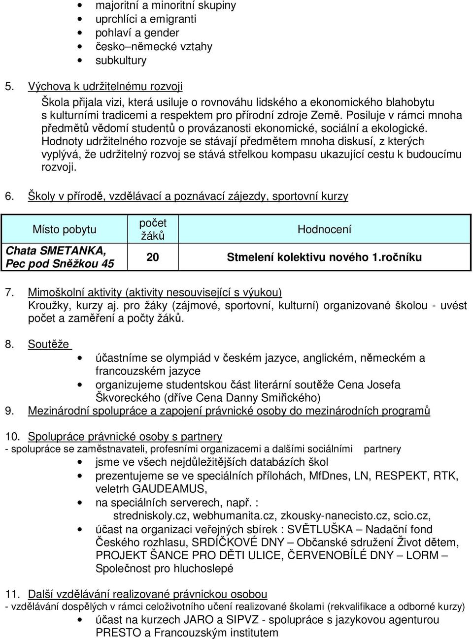 Posiluje v rámci mnoha předmětů vědomí studentů o provázanosti ekonomické, sociální a ekologické.