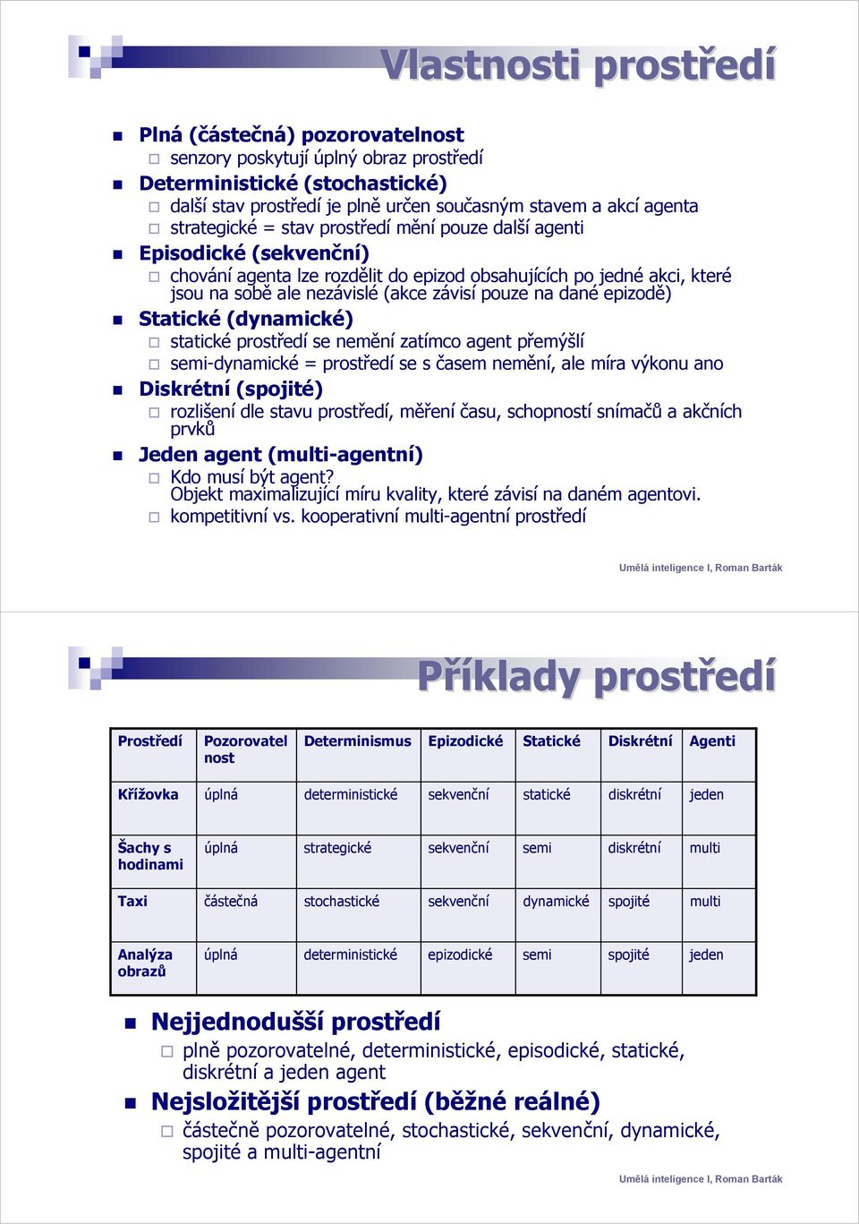 dané epizodě) Statické (dynamické) statické prostředí se nemění zatímco agent přemýšlí semi-dynamické = prostředí se s časem nemění, ale míra výkonu ano Diskrétní (spojité) rozlišení dle stavu