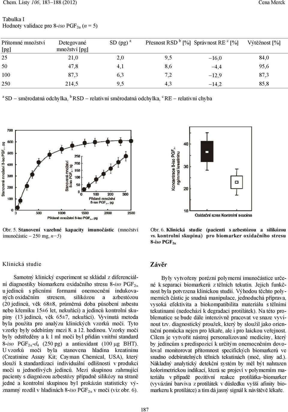Stanovení vazebné kapacity imunočástic (množství imunočástic 250 mg, n=5) Obr. 6. Klinická studie (pacienti s azbestózou a silikózou vs.