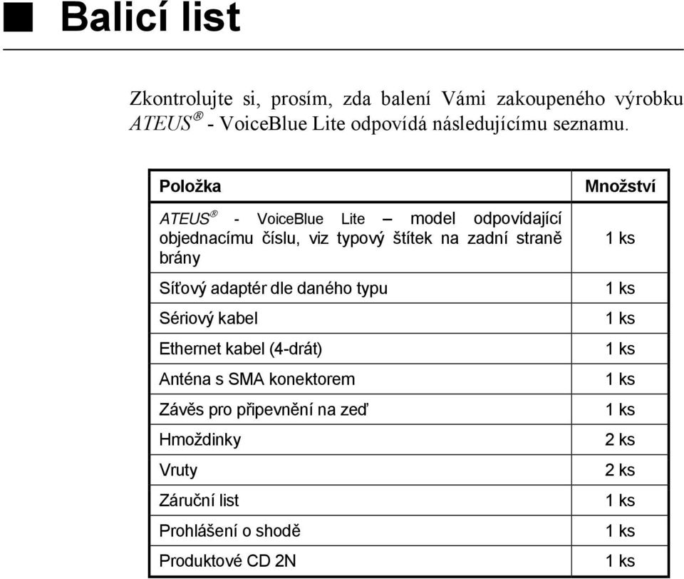 Položka ATEUS - VoiceBlue Lite model odpovídající objednacímu číslu, viz typový štítek na zadní straně brány Síťový