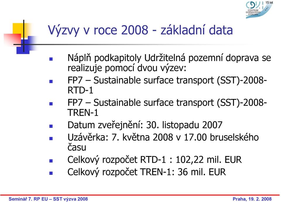 transport (SST)-2008- TREN-1 Datum zveřejnění: 30. listopadu 2007 Uzávěrka: 7.