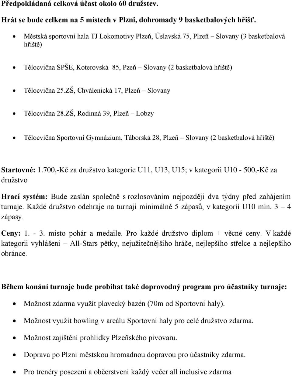 ZŠ, Chválenická 17, Plzeň Slovany Tělocvična 28.ZŠ, Rodinná 39, Plzeň Lobzy Tělocvična Sportovní Gymnázium, Táborská 28, Plzeň Slovany (2 basketbalová hřiště) Startovné: 1.