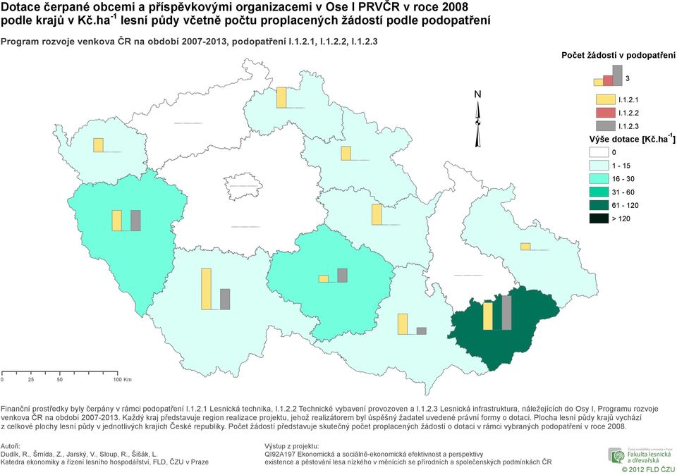 ha -1 ] 1-15 16-3 31-6 61-12 > 12 25 5 1 Km Finanční prostředky byly čerpány v rámci podopatření Lesnická technika, Technické vybavení provozoven a Lesnická infrastruktura, náležejících do Osy I,