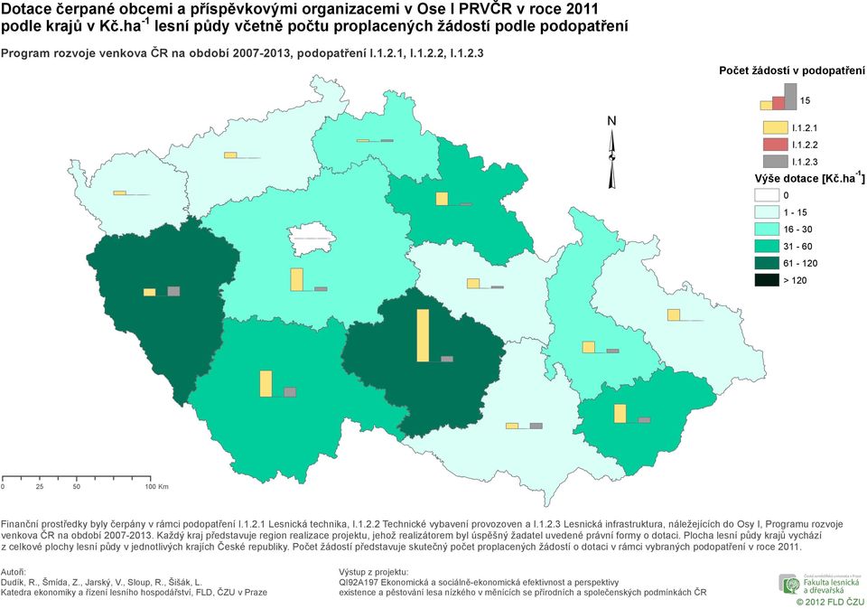 ha -1 ] 1-15 16-3 31-6 61-12 > 12 25 5 1 Km Finanční prostředky byly čerpány v rámci podopatření Lesnická technika, Technické vybavení provozoven a Lesnická infrastruktura, náležejících do Osy I,