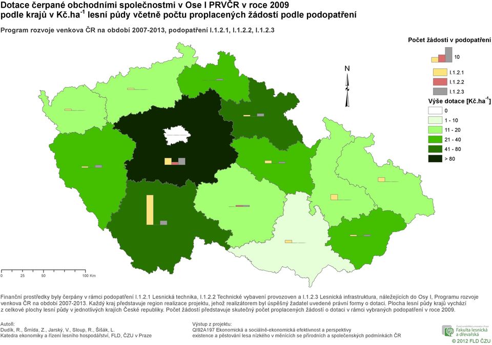 ha -1 ] 1-1 11-2 21-4 41-8 > 8 25 5 1 Km Finanční prostředky byly čerpány v rámci podopatření Lesnická technika, Technické vybavení provozoven a Lesnická infrastruktura, náležejících do Osy I,