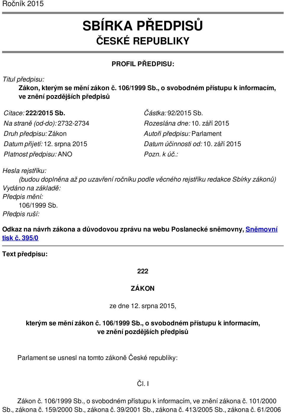 září 2015 Druh předpisu: Zákon Autoři předpisu: Parlament Datum přijetí: 12. srpna 2015 Datum účinnosti od: 10. září 2015 Platnost předpisu: ANO Pozn. k úč.