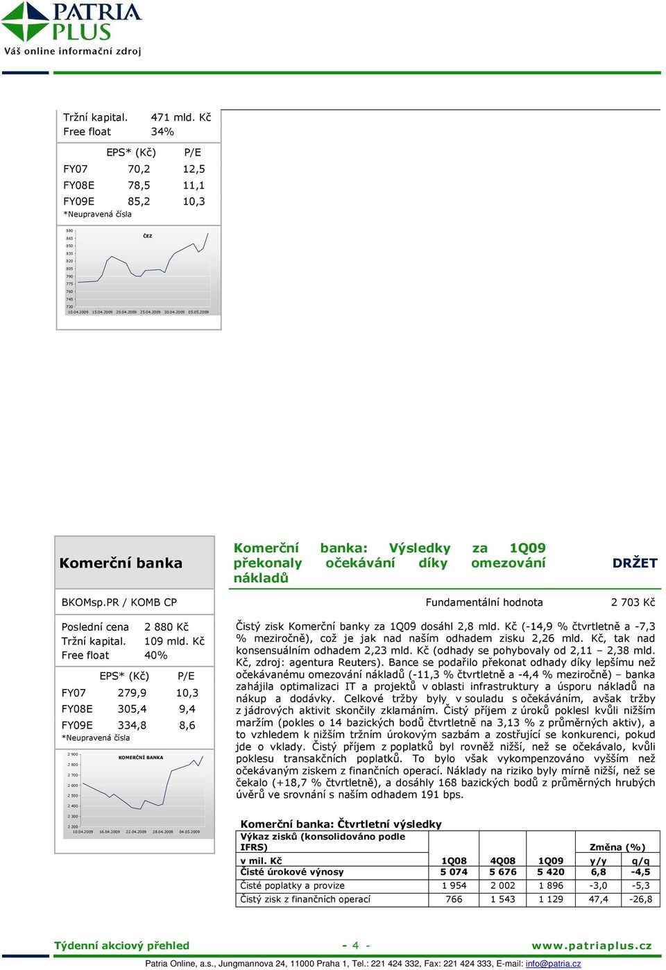 PR / KOMB CP Fundamentální hodnota 2 703 Kč Poslední cena 2 880 Kč Tržní kapital. 109 mld.