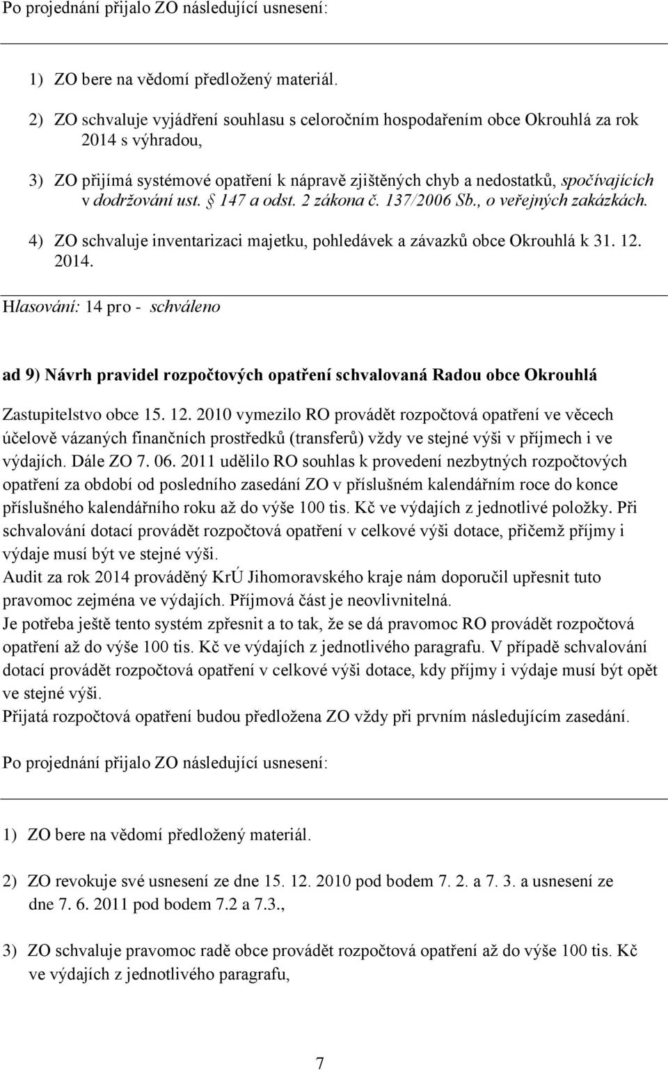 Hlasování: 14 pro - schváleno ad 9) Návrh pravidel rozpočtových opatření schvalovaná Radou obce Okrouhlá Zastupitelstvo obce 15. 12.