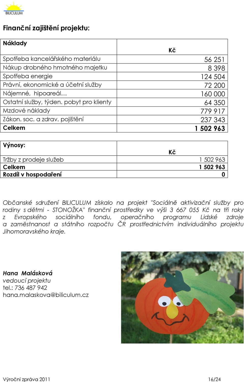 pojištění 237 343 Celkem 1 502 963 Kč Výnosy: Kč Trţby z prodeje sluţeb 1 502 963 Celkem 1 502 963 Rozdíl v hospodaření 0 Občanské sdružení BILICULUM získalo na projekt "Sociálně aktivizační služby