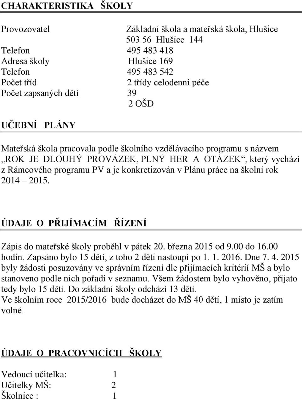 konkretizován v Plánu práce na školní rok 2014 2015. ÚDAJE O PŘIJÍMACÍM ŘÍZENÍ Zápis do mateřské školy proběhl v pátek 20. března 2015 od 9.00 do 16.00 hodin.