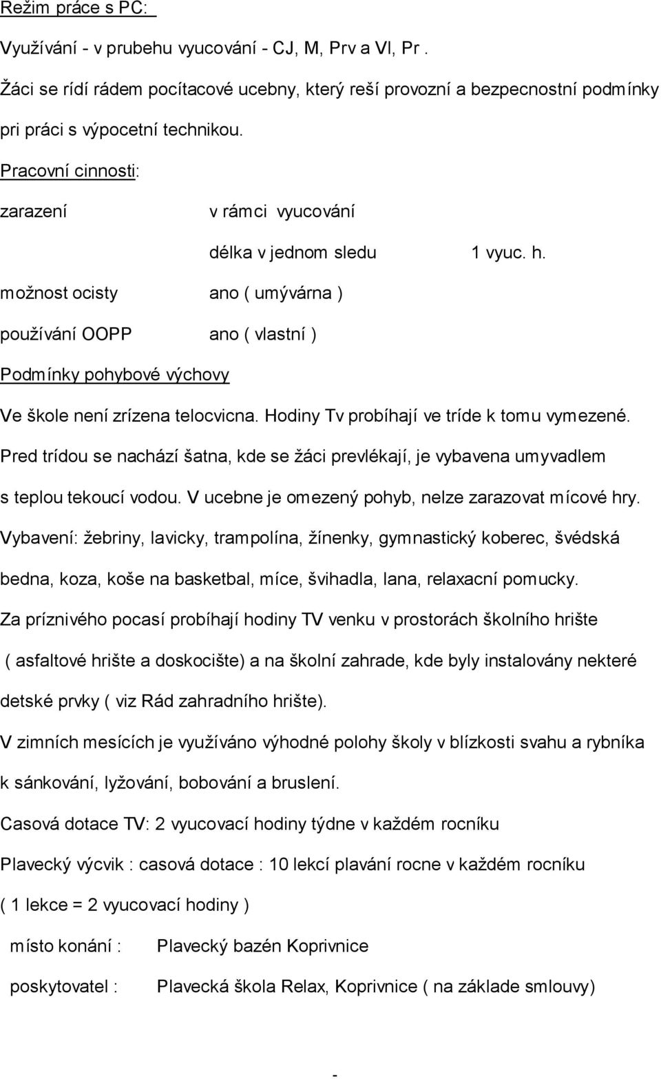 Hodiny Tv probíhají ve tríde k tomu vymezené. Pred trídou se nachází šatna, kde se žáci prevlékají, je vybavena umyvadlem s teplou tekoucí vodou. V ucebne je omezený pohyb, nelze zarazovat mícové hry.