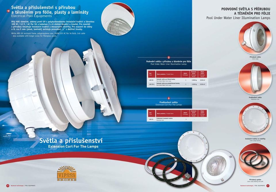 PODVODNÍ SVĚTLA S PŘÍRUBOU A TĚSNĚNÍM PRO FÓLIE Pool Under Water Liner Illumination Lamps White ABS UV resistant frame, polypropylene case, 300W/2V AC Par 56 Bulb, 2x6 cable - also available with