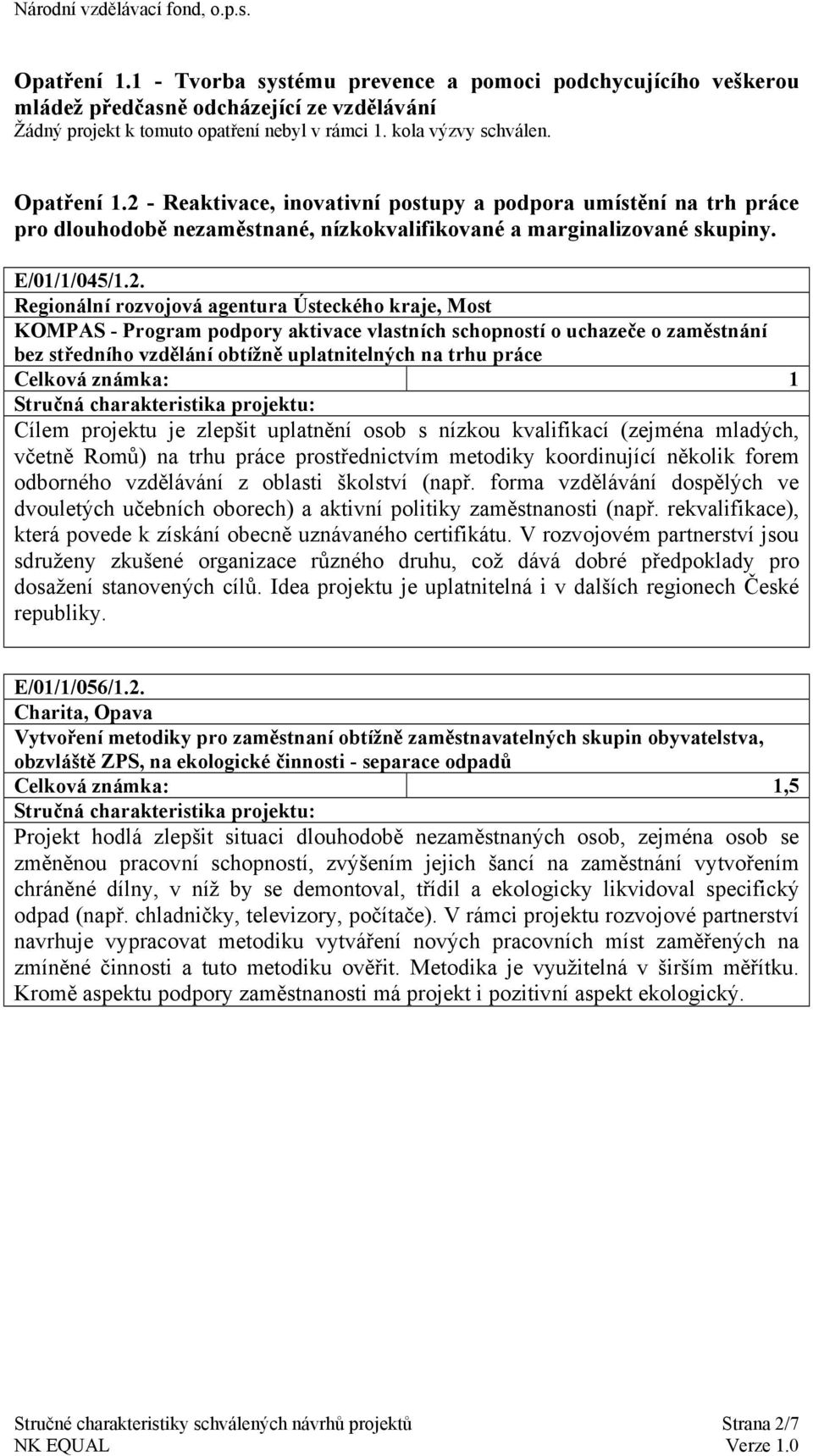 kraje, Most KOMPAS - Program podpory aktivace vlastních schopností o uchazeče o zaměstnání bez středního vzdělání obtížně uplatnitelných na trhu práce Cílem projektu je zlepšit uplatnění osob s