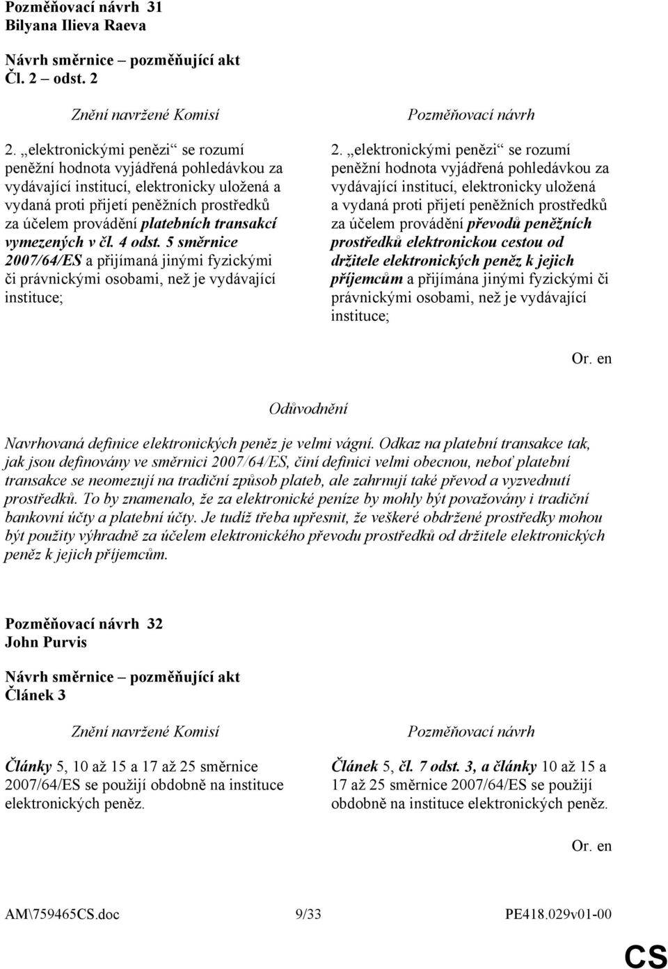transakcí vymezených v čl. 4 odst. 5 směrnice 2007/64/ES a přijímaná jinými fyzickými či právnickými osobami, než je vydávající instituce; 2.